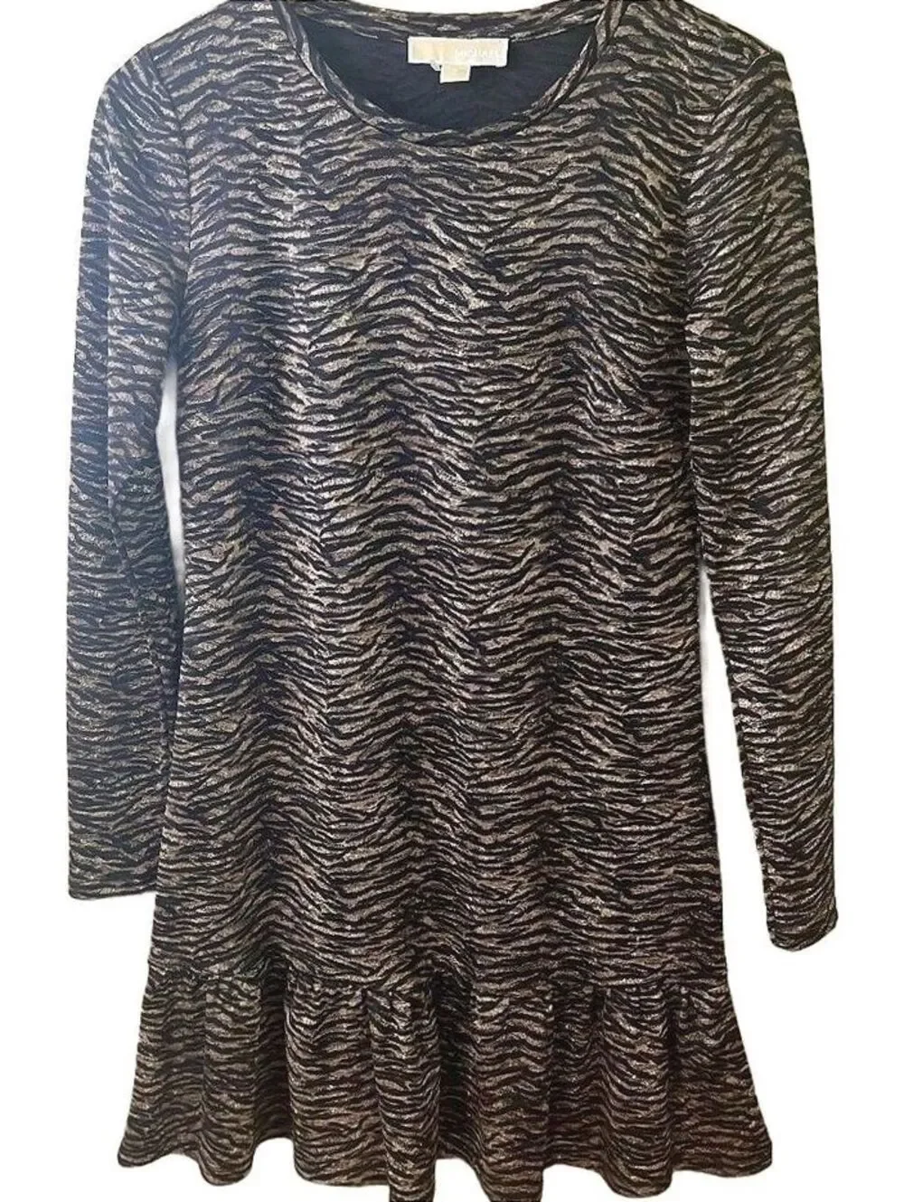 Michael Michael Kors Metallic Tiger Jacquard Knit Dress Flounce Hem Dark Camel S